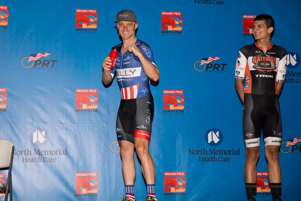 Brad Huff (Rally Cycling) feeling punchy on the podium in second. Bryan Gomez (Gateway Harley-Davidson Trek) finished third and won Most Aggressive Rider during stage 2 at the North Star Grand Prix