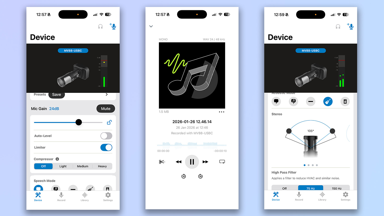 the shure motive audio app showing the compatibility with the shure mv88 usb-c mic
