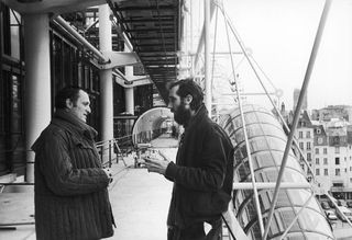 Richard Rogers and Renzo Piano on the construction site of the Centre Georges Pompidou in January 1977.