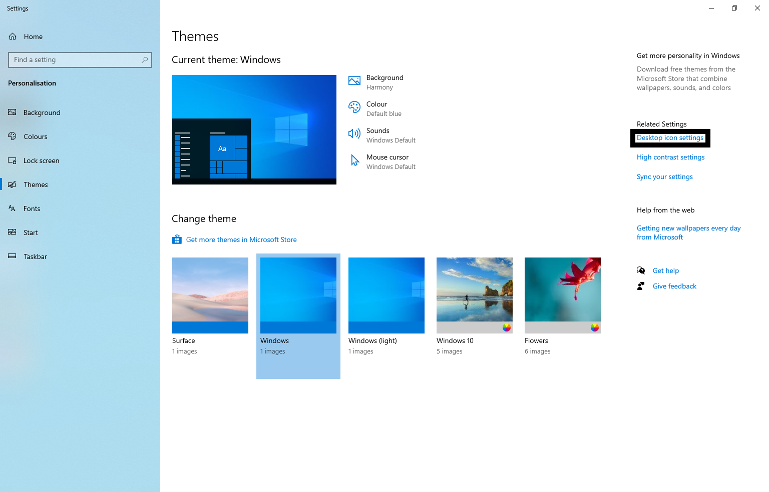 Windows theme settings