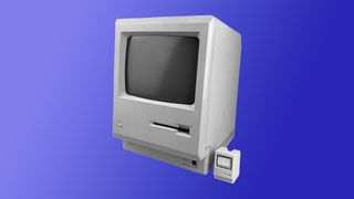The Pico-mac-nano mini vintage Macintosh PC next to the larger Macintoshi Mono, on a purple gradient background.