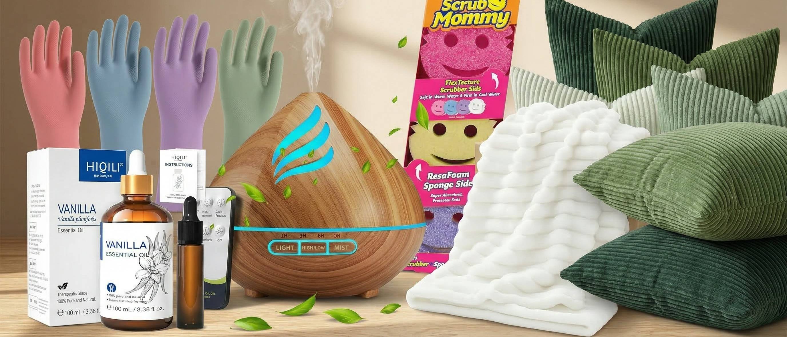 Spring cleaning compilation showing rubber gloves, essential oil, sponges, blankets and pillows