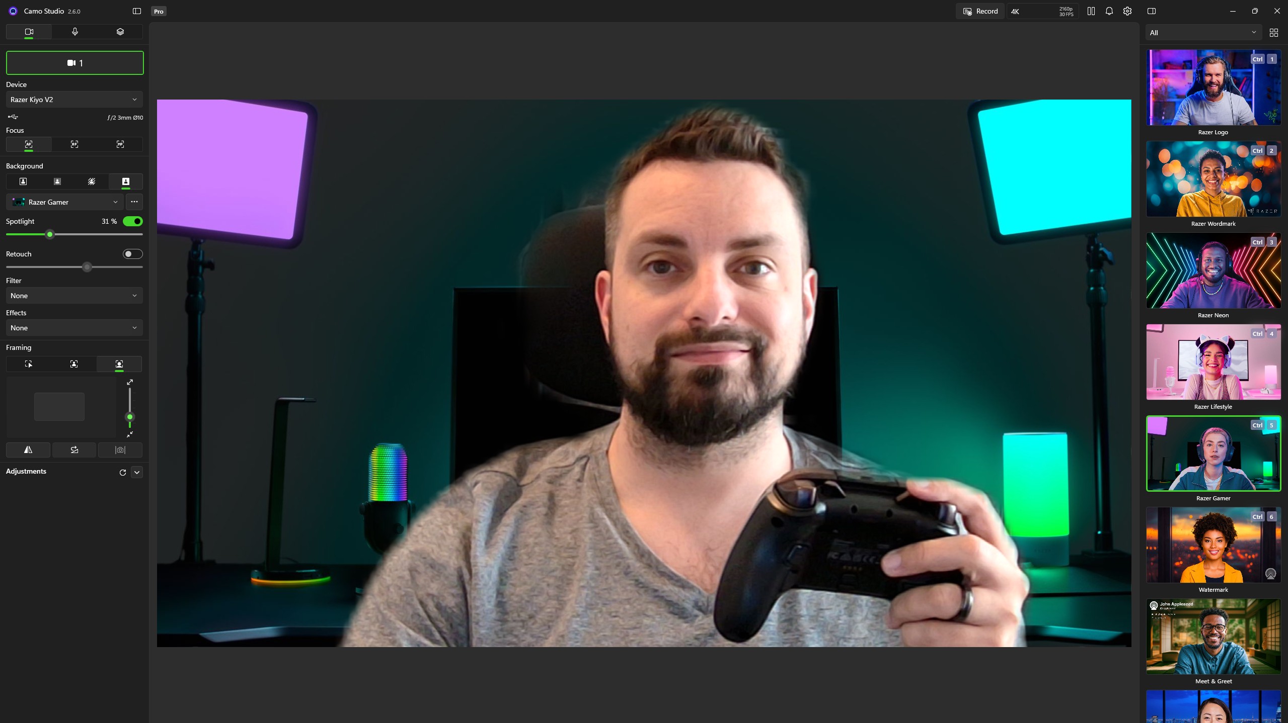 A screenshot showing the Razer Kiyo V2 webcam in Camo Studio Pro