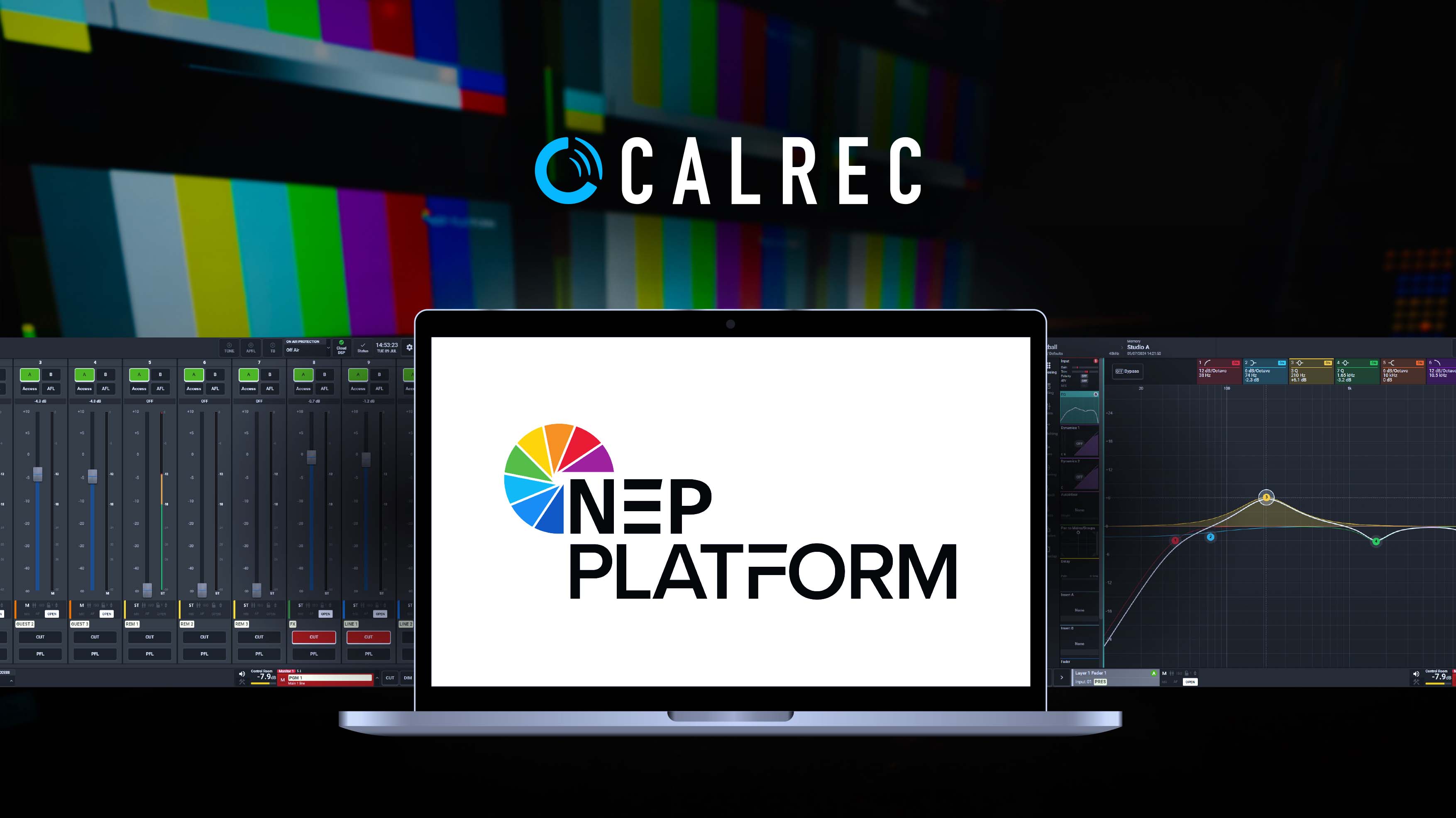 Calrec and NEP Platform logos in front of a control panel