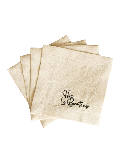Custom Embroidered Linen Cocktail Napkins, Set of 4