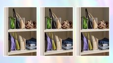 Three images of organized closet on rainbow background