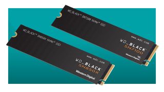 A pair of WD_Black NVMe M.2 SSDs against a teal background with a white border.