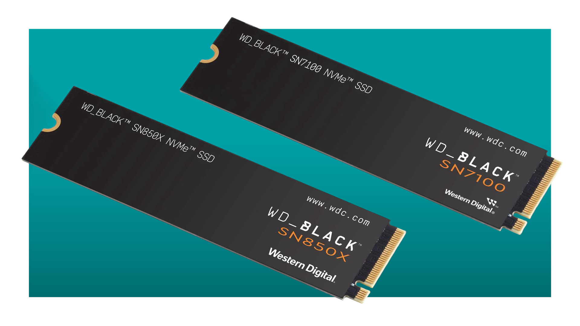 A pair of WD_Black NVMe M.2 SSDs against a teal background with a white border.