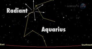 This sky map from NASA depicts the origin the Eta Aquarid meteor shower in the constellation Aquarius in the night sky. The Eta Aquarids are left over material from Halley's Comet.