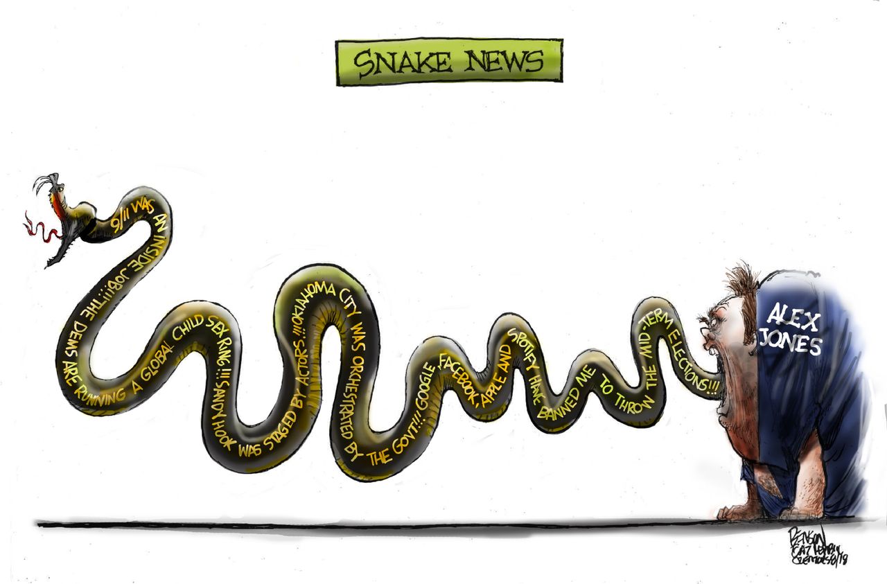 Political cartoon U.S. Alex Jones Infowars snake conspiracy theorist