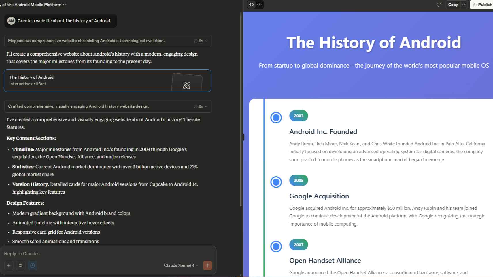 Claude Sonnet 4 results from basic prompt to create Android History website
