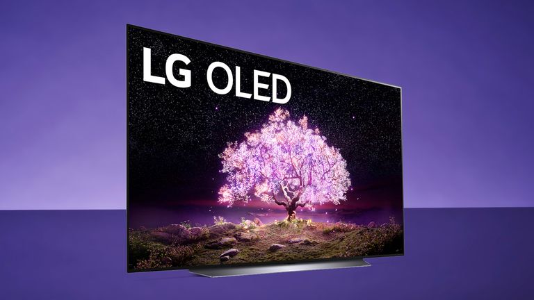 LG C1 OLED TV on purple background