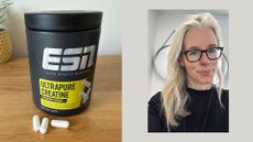 Kerrie Hughes with tub of creatine with tablets on wooden desk, plant pot in the background, representing creatine benefits for the brain
