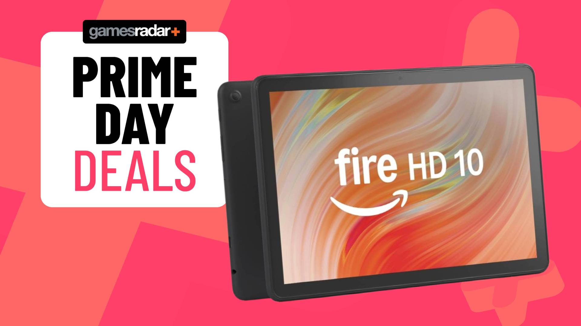 Official product image of the Amazon Fire HD 10 tablet, with a pink GamesRadar+ background.