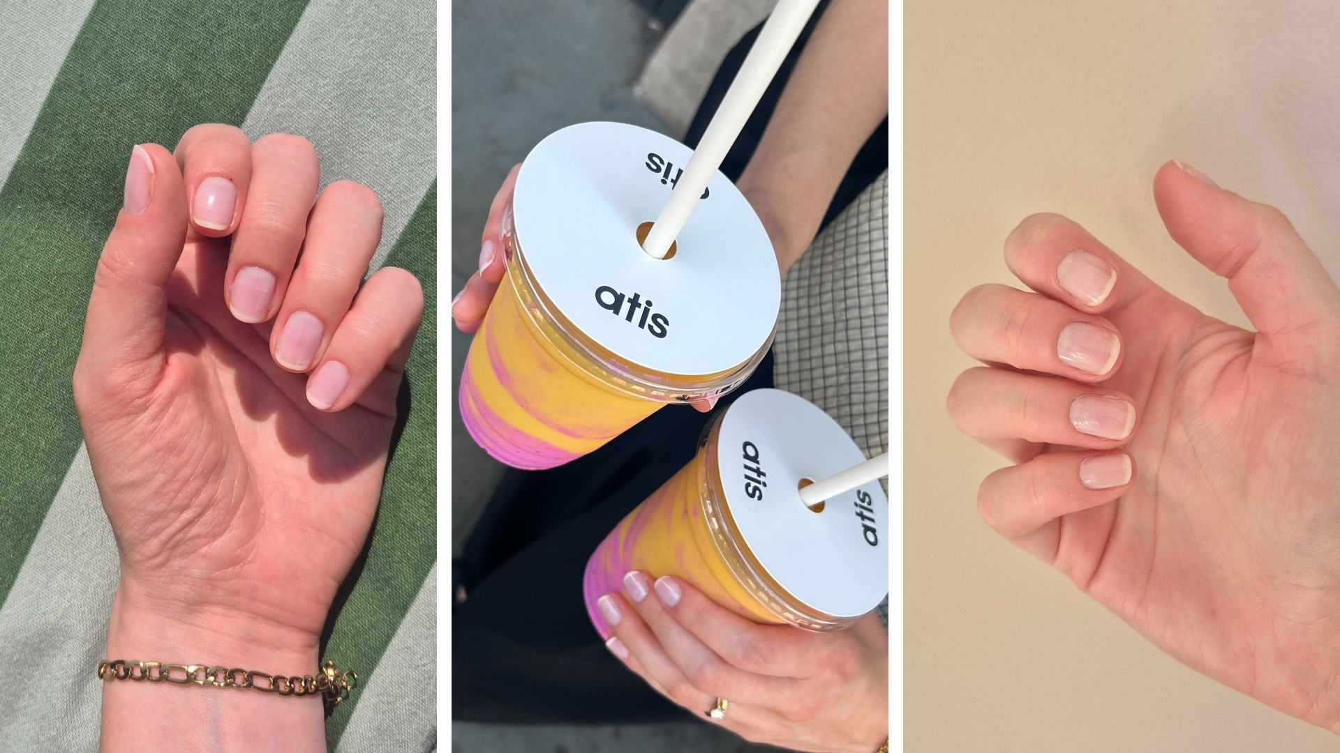 Three close-up images of Digital Beauty Writer, Naomi Jamieson's hands and nails to show her at-home Manucurist French tip nail look in closer detail.