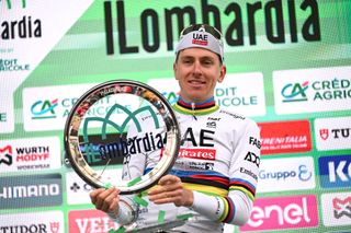 COMO ITALY OCTOBER 12 Tadej Pogacar of Slovenia and UAE Team Emirates celebrates at podium as race winner during the 118th Il Lombardia 2024 a 255km one day race from Bergamo to Como UCIWT on October 12 2024 in Como Italy Photo by Tim de WaeleGetty Images