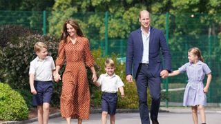 Prince George, Princess Charlotte and Prince Louis accompanied by Prince William and Princess Kate at Lambrook School