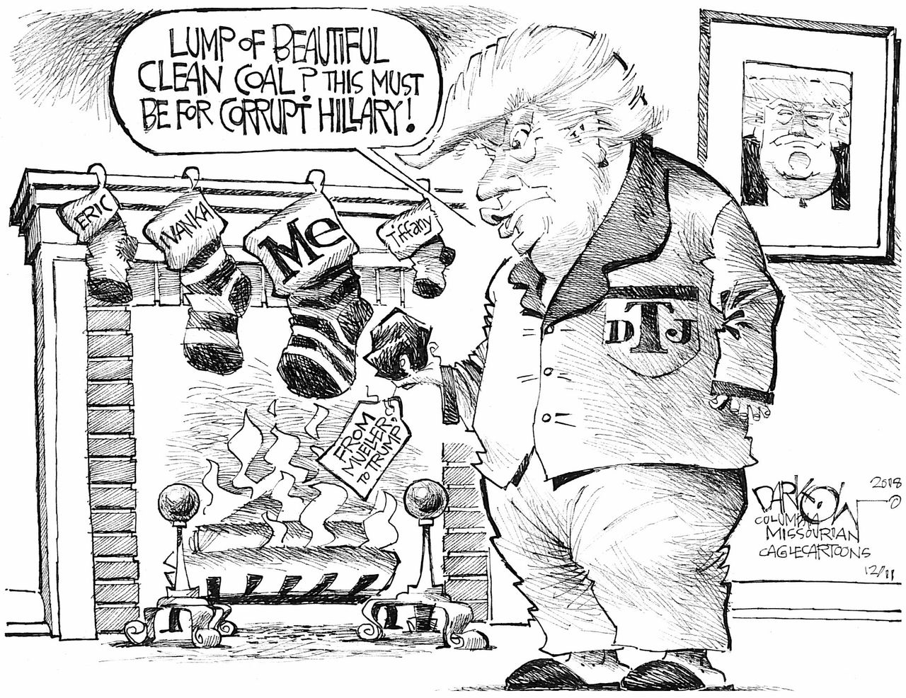 Political cartoon U.S. Trump Christmas lump of coal Hillary Clinton corruption Mueller probe