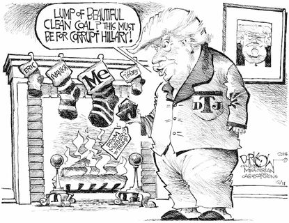 Political cartoon U.S. Trump Christmas lump of coal Hillary Clinton corruption Mueller probe