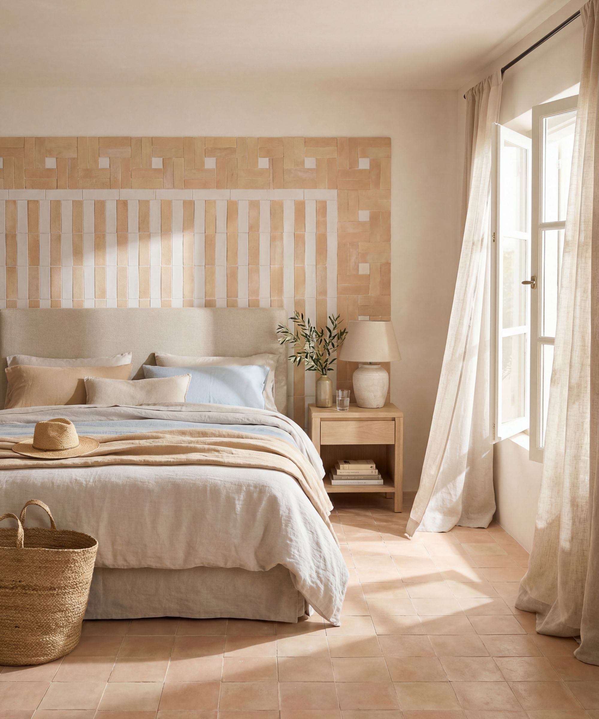 A sunlit Mediterranean-inspired bedroom with warm terracotta square floor tiles and a full-width feature wall of alternating terracotta and white rectangular tiles in a striped and grid pattern. A linen upholstered bed with sandy neutral bedding, a straw hat and wicker basket sit alongside a light oak bedside table, with sheer white curtains framing open French doors.