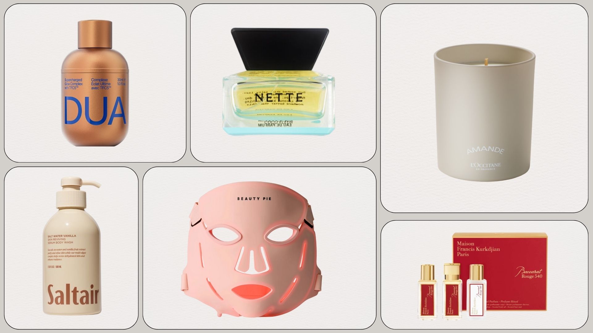 Graphic of the best new beauty products of the month featuring Dua, Nette, L&#039;Occitane, Saltair, Beauty Pie and Maison Francis Kurkdjian