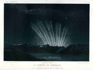 The six-tailed Great Comet of 1744, as observed by Amédée Guillemin before sunrise on March 9, 1744.
