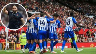 Kaoru Mitoma of Brighton & Hove Albion (2R) joins teammates as they celebrate their 2nd goal during the Premier League match between Manchester United and Brighton & Hove Albion at Old Trafford on September 16, 2023 in Manchester, England. (Photo by Simon Stacpoole/Offside/Offside via Getty Images)