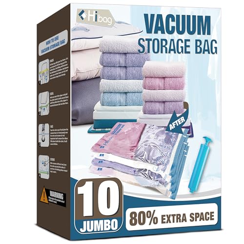 Hibag Vacuum Storage Seal Bags, 10 Jumbo Space Saver Vacuum Sealer Bags for Clothes, Comforters, Blankets, Bedding (10j)