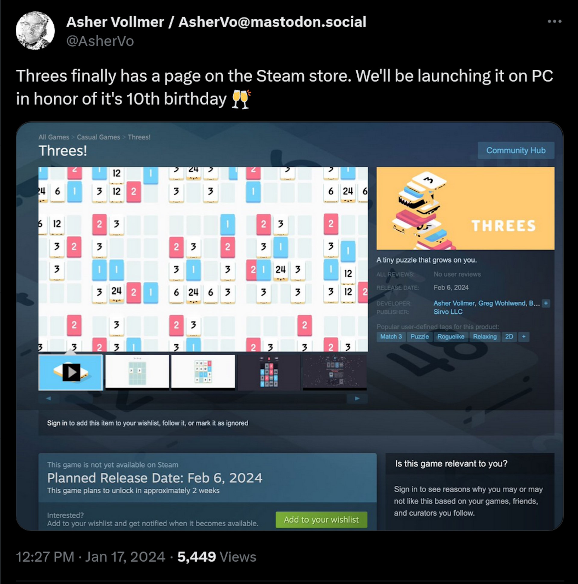 Threes finally has a page on the Steam store. We'll be launching it on PC in honor of it's 10th birthday ????