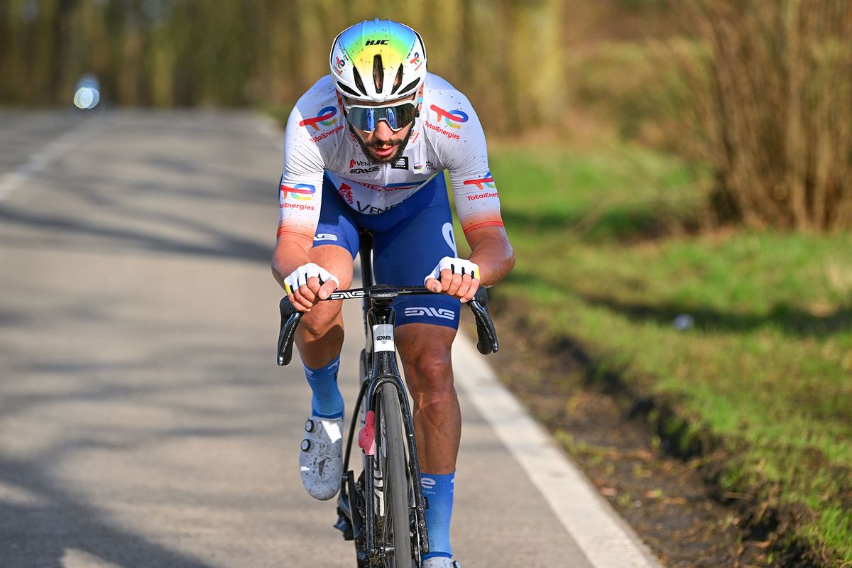 DOUR BELGIUM FEBRUARY 27 Anthony Turgis of France and Team TotalEnergies competes in the chase group during the 56th Le Samyn 2024 a 2043km one day race from Quaregnon to Dour on February 27 2024 in Dour Belgium Photo by Luc ClaessenGetty Images