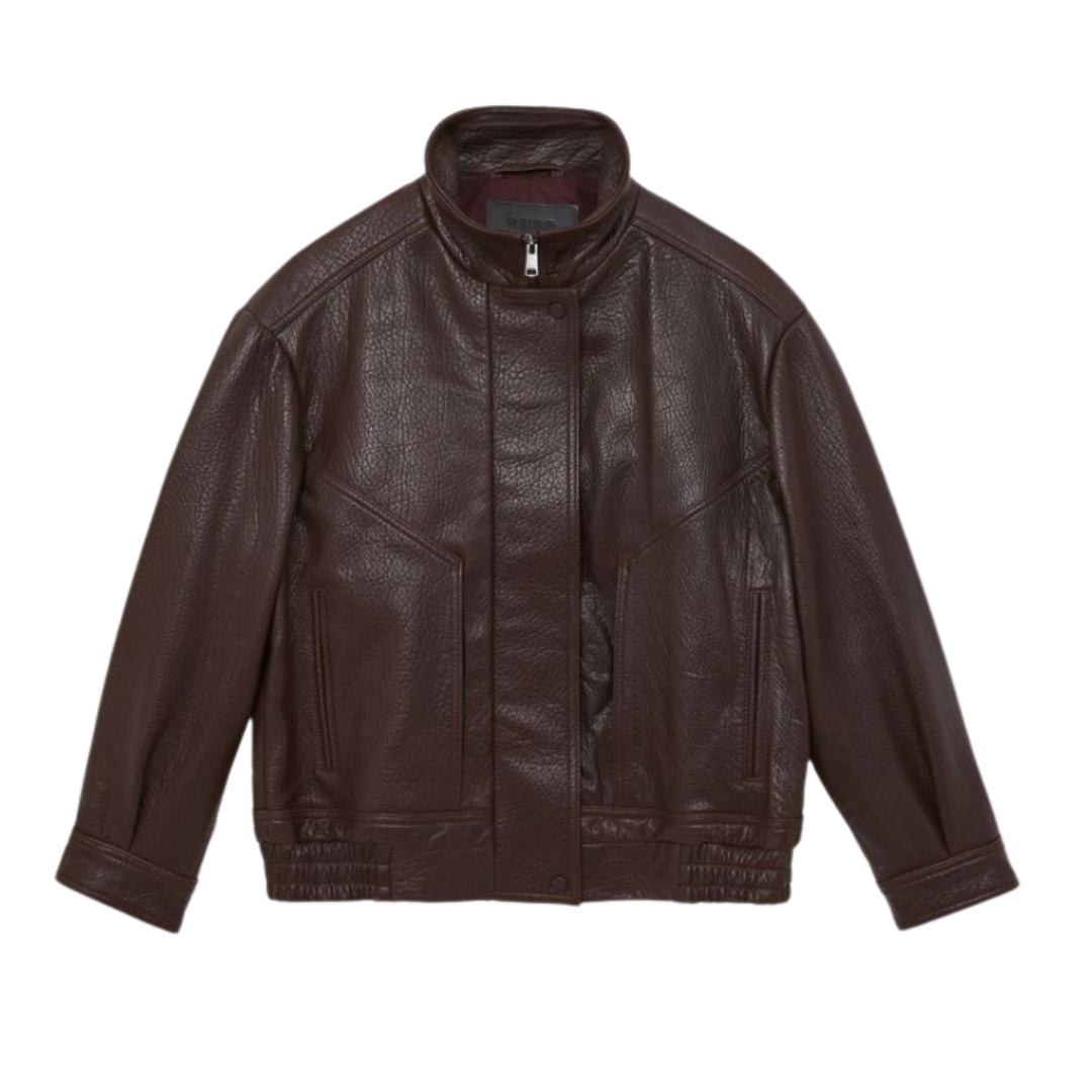 Reiss, Oversize Grained-Leather Bomber Jacket in Burgundy
