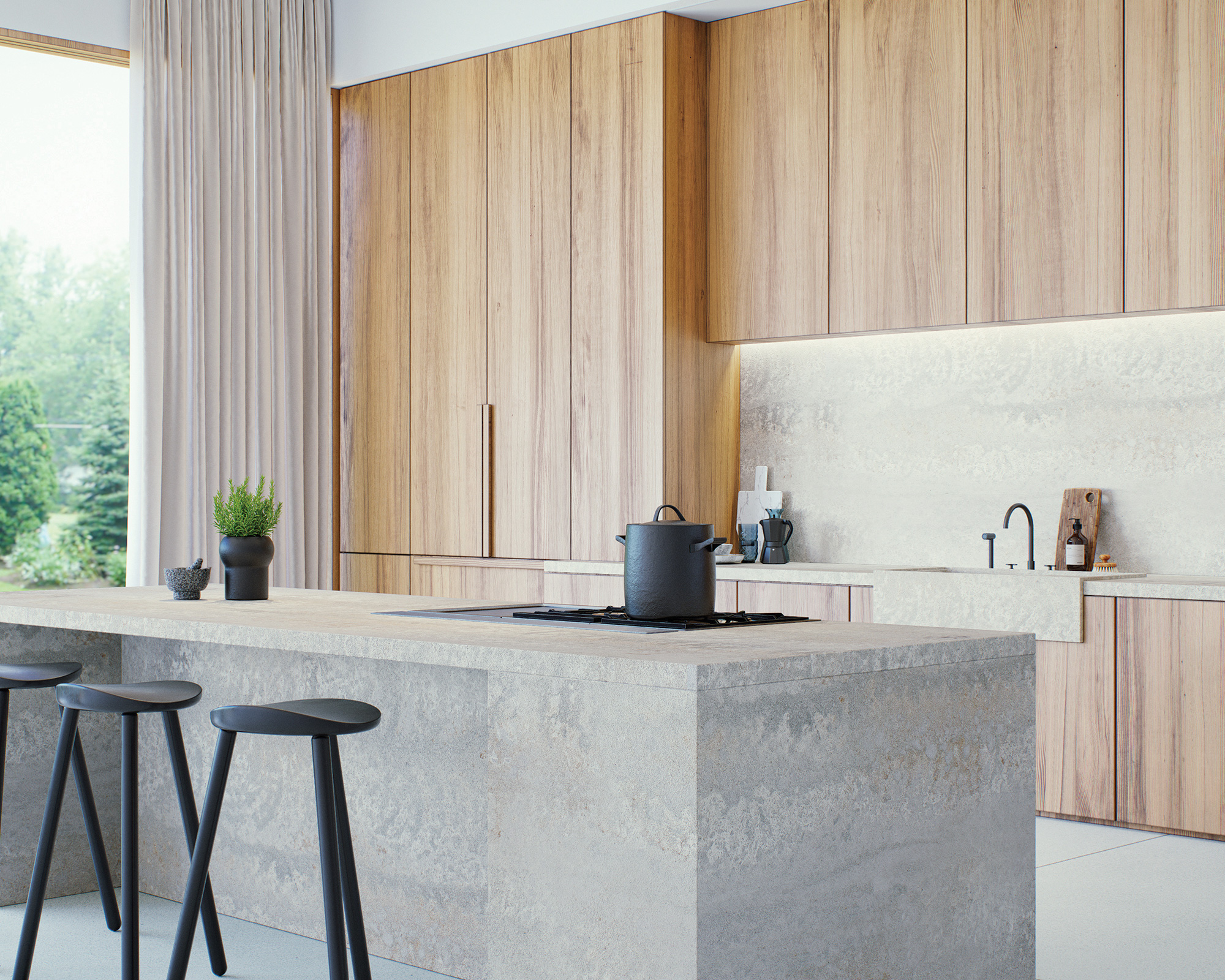 Kitchen trends 2021 showing wooden cabinets and a stone-look island with black bar stools