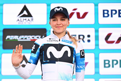 CITTIGLIO, ITALY - MARCH 16: Cat Ferguson of Great Britain and Movistar Team celebrates at podium as third place winner during the 26th Trofeo Alfredo Binda-Comune di Cittiglio 2025 - Women's Elite a 152km one day race from Luino to Cittiglio / #UCIWWT / on March 16, 2025 in Cittiglio, Italy. (Photo by Luc Claessen/Getty Images)