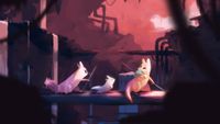 Three slug cats trek across a ruined landscape in art from Rain World