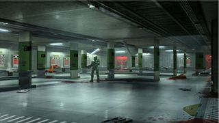 A screenshot from Halo: Campaign Evolved, showing Master Chief in a hangar