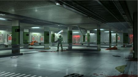 A screenshot from Halo: Campaign Evolved, showing Master Chief in a hangar