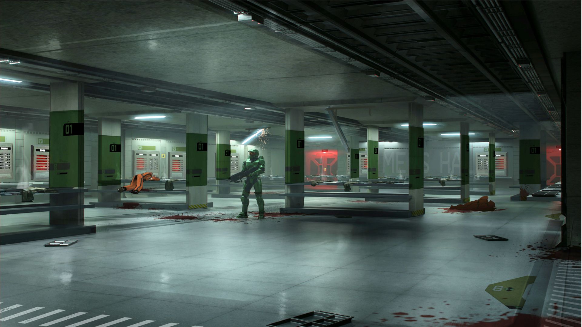 A screenshot from Halo: Campaign Evolved, showing Master Chief in a hangar