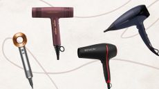 Collage of 4 of the best hair dryers featured in this guide from (left to right) Dyson, mdlondon, Revlon and ghd, set against an off white background with a fine line drawing 