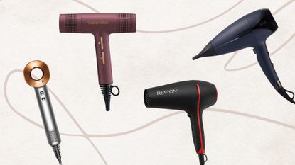 Collage of 4 of the best hair dryers featured in this guide from (left to right) Dyson, mdlondon, Revlon and ghd, set against an off white background with a fine line drawing 