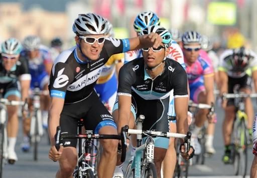 Heinrich Haussler celebrates his stage victory but is not happy with Daniele Bennati (Leopard Trek) after the Italian squeezed him close to the barriers