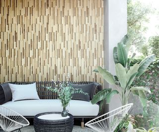 front porch with wood effect wall sofa and chairs and plants