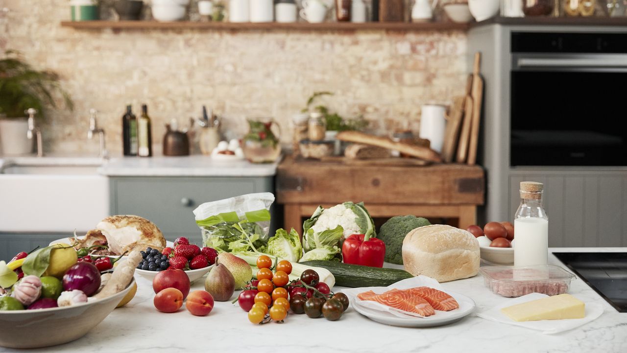 fruit and veg on a kitchen worktop