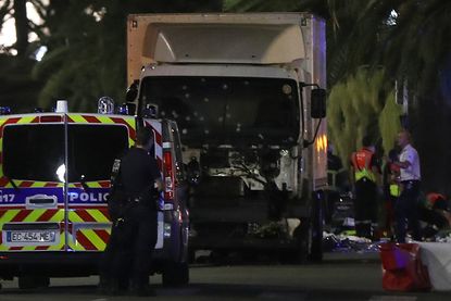 The bullet-ridden truck that ran into a crowd of people in Nice.