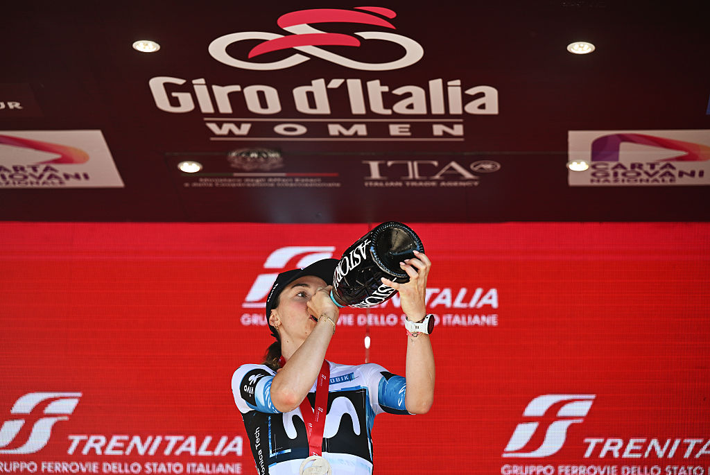 TERRE ROVERESCHE, ITALY - JULY 11: Liane Lippert of Germany and Team Movistar celebrates at podium as stage winner during the 36th Giro d'Italia Women 2025, Stage 6 a 145km stage from Bellaria-Igea Marina to Terre Roveresche (Orciano di Pesaro) / #UCIWWT / on July 11, 2025 in Terre Roveresche, Italy. (Photo by Luc Claessen/Getty Images)