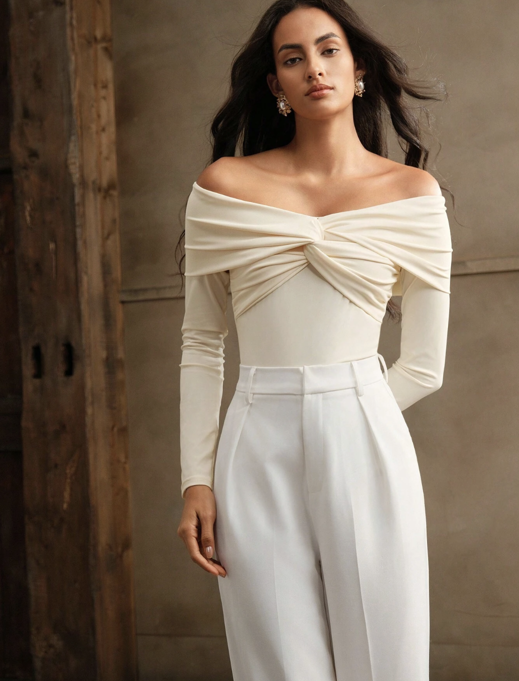 Anewsta, Open Shoulder Knotted Bodysuit in Beige