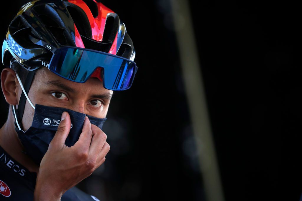 PRIVAS FRANCE SEPTEMBER 02 Start Egan Arley Bernal Gomez of Colombia and Team INEOS Grenadiers Mask Covid Safety Measures during the 107th Tour de France 2020 Stage 5 a 183km stage from Gap to Privas 277m TDF2020 LeTour on September 02 2020 in Privas France Photo by Stephane Mahe PoolGetty Images