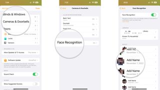 How to manage unrecognized faces in the Home app on the iPhone by showing steps: Tap Cameras & Doorbells, Tap Face Recognition, Tap an entry listed as Add Name.