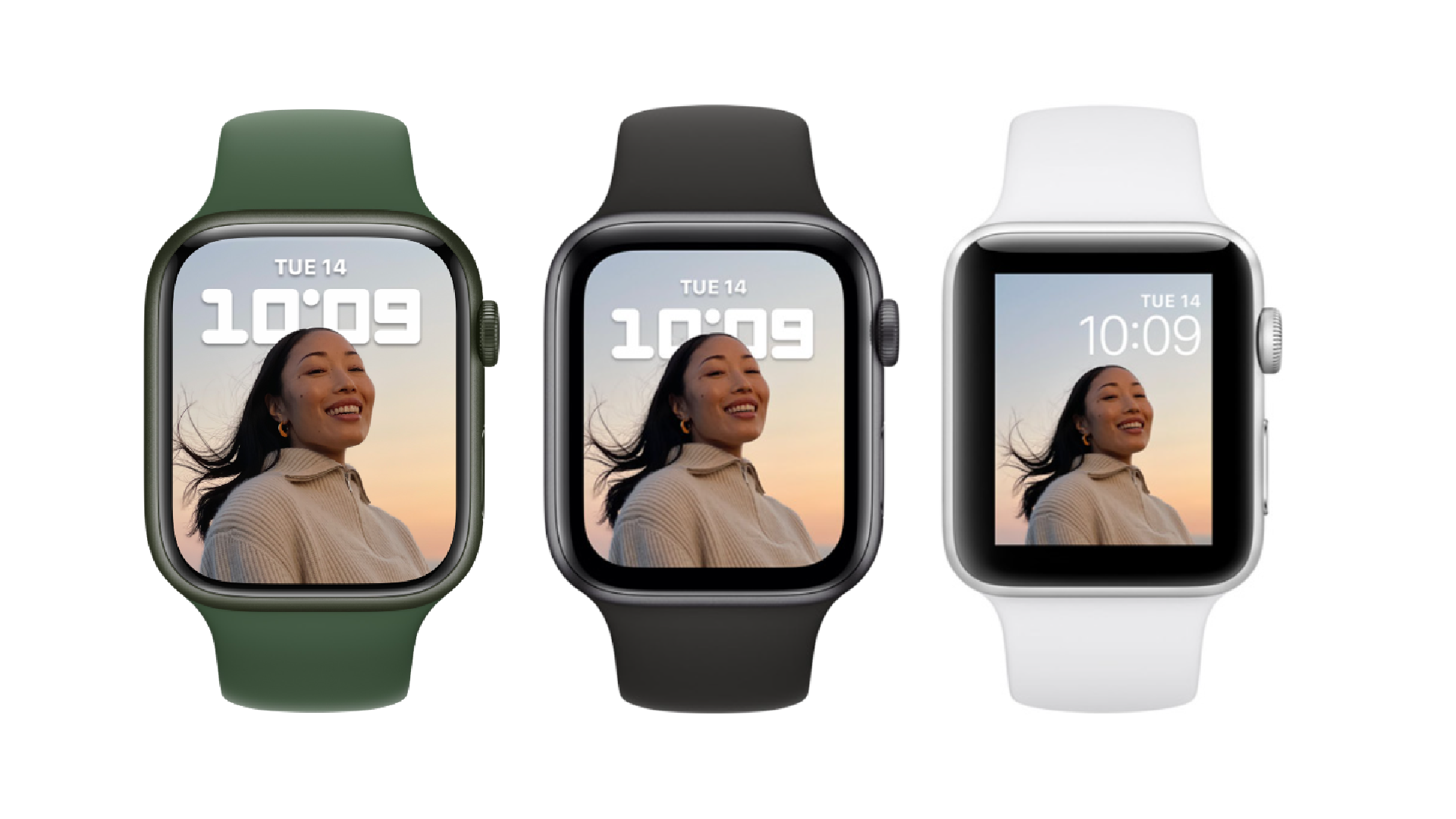 Three Apple Watch devices on watchOS 8