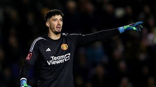 Altay Bayindir of Manchester United gestures during the Emirates FA Cup Fourth Round match between Newport County and Manchester United at Rodney Parade on January 28, 2024 in Newport, Wales.