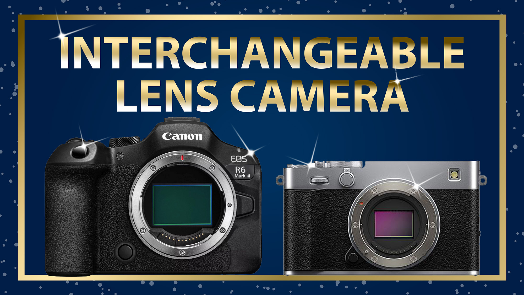 Gear of the year 2025 with gold writing and border and a blue background with cameras